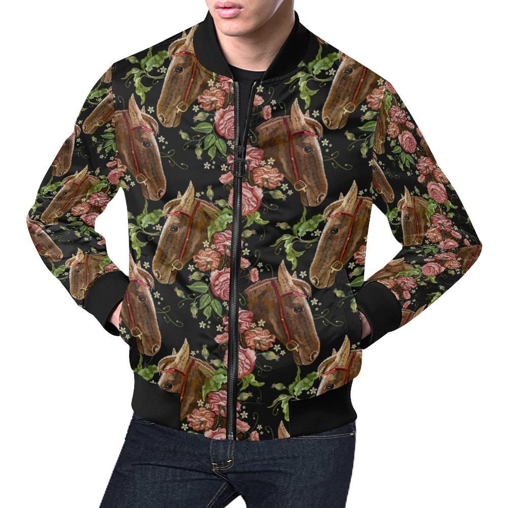 Horse Rose Pattern Print Mens Bomber Jacket Horse Rose Pattern Print Mens Bomber Jacket