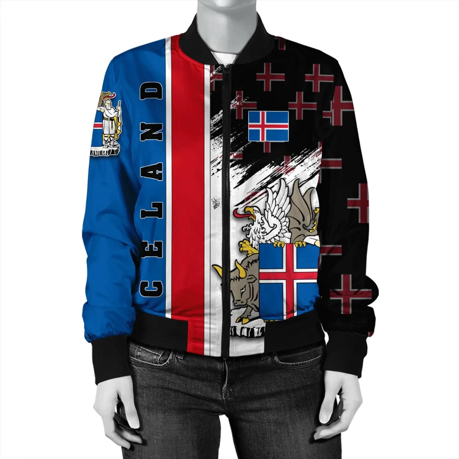 Iceland Coat Of Arms Women's Bomber Jacket - Flag Style JH Bomber Jacket Iceland Coat Of Arms Women's Bomber Jacket - Flag Style JH Bomber Jacket