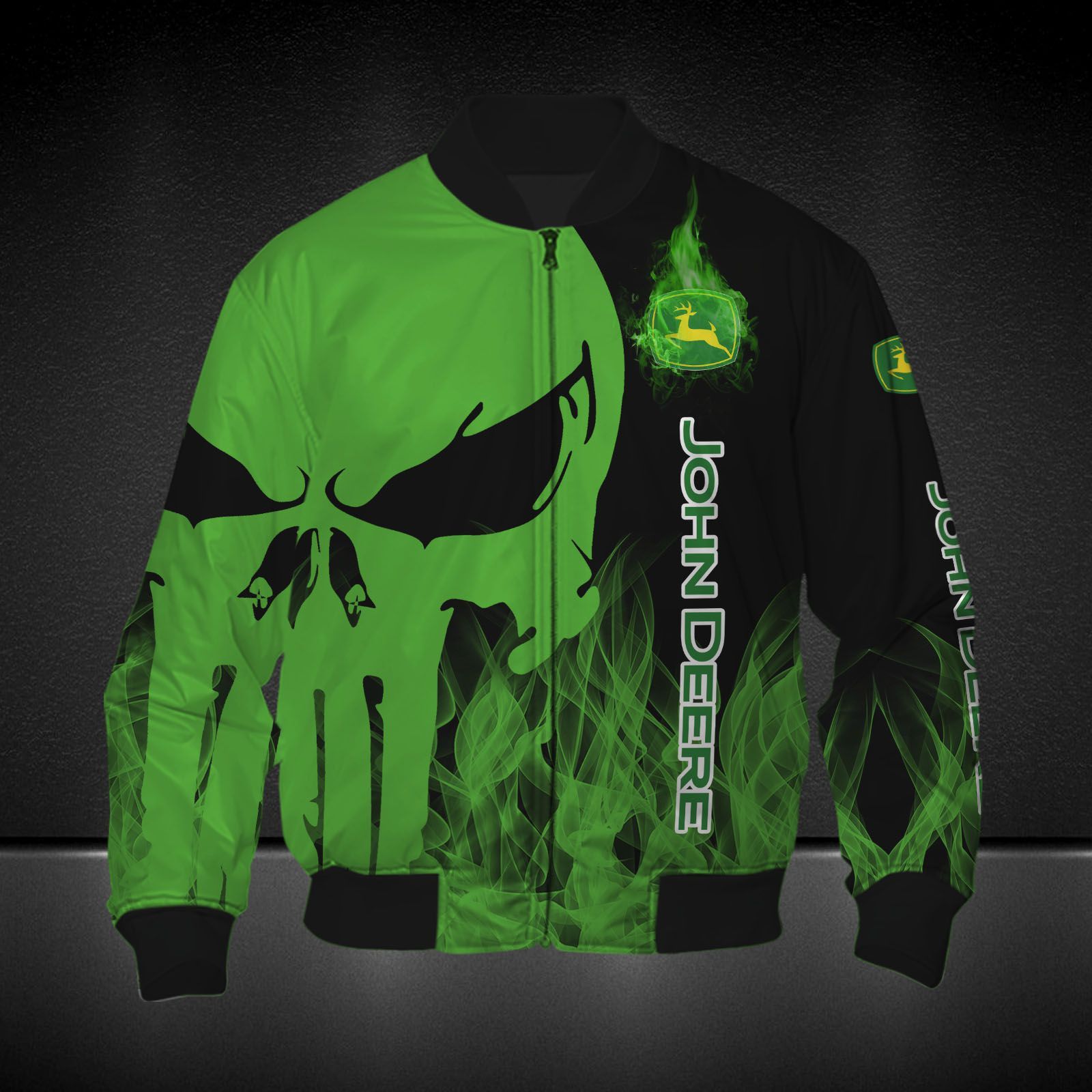 John Deere Punisher Skull Flame Bomber Jacket John Deere Punisher Skull Flame Bomber Jacket