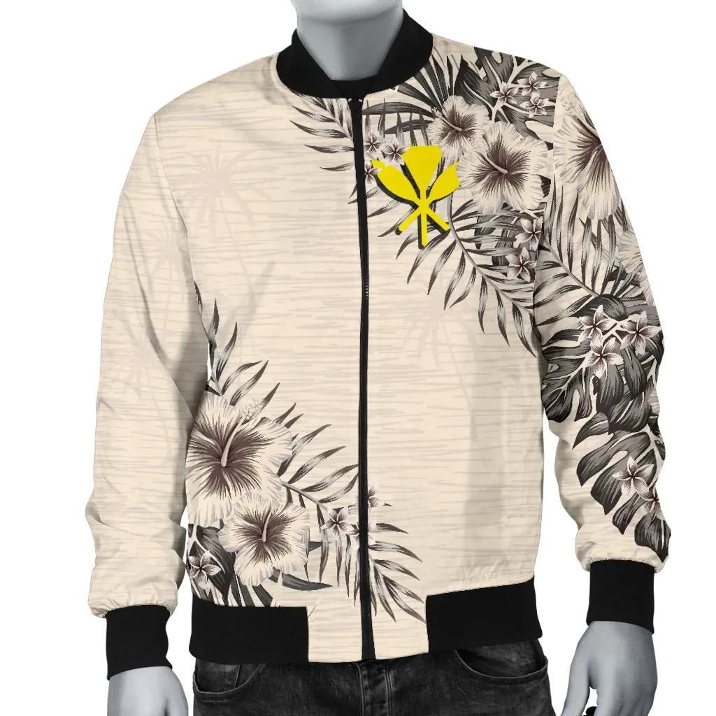 Kanaka Maoli (Hawaiian) Men's Bomber Jacket - The Beige Hibiscus A7 Bomber Jacket Kanaka Maoli (Hawaiian) Men's Bomber Jacket - The Beige Hibiscus A7 Bomber Jacket