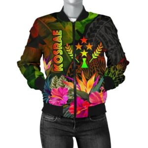 Kosrae Polynesian Women's Bomber Jacket -  Hibiscus and Banana Leaves - BN15