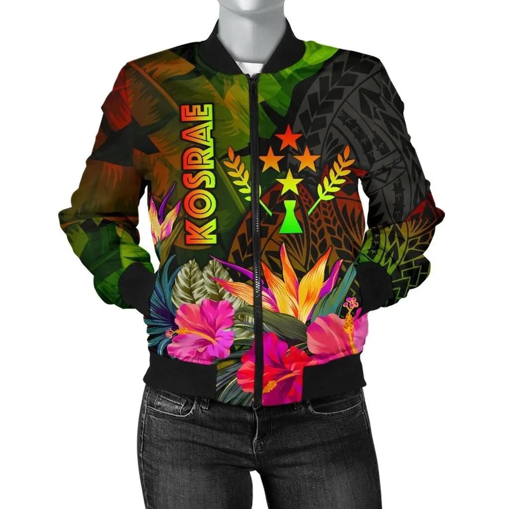 Kosrae Polynesian Women's Bomber Jacket - Hibiscus and Banana Leaves - BN15 Kosrae Polynesian Women's Bomber Jacket - Hibiscus and Banana Leaves - BN15