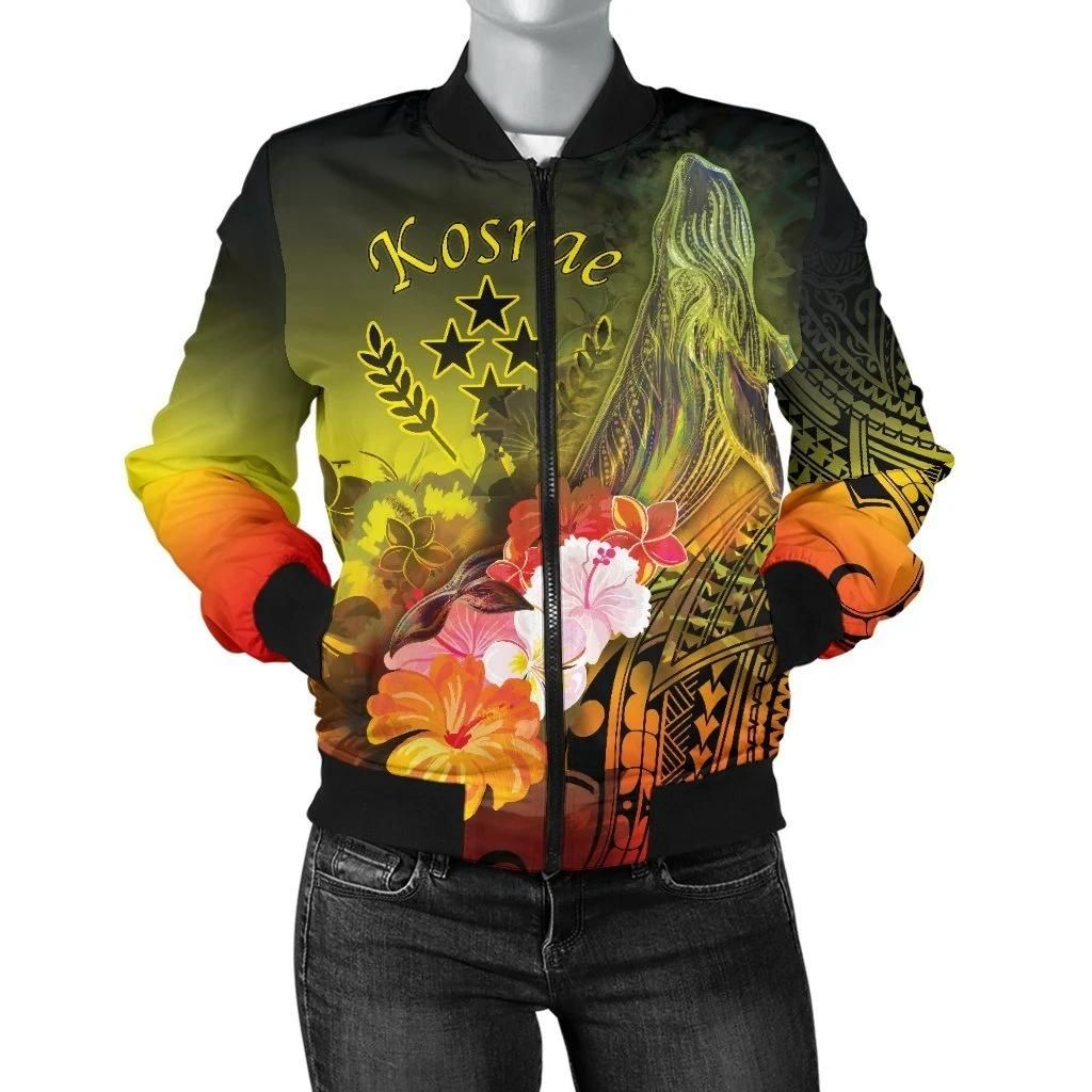 Kosrae Women's Bomber Jacket - Humpback Whale with Tropical Flowers (Yellow)- BN18 Bomber Jacket Kosrae Women's Bomber Jacket - Humpback Whale with Tropical Flowers (Yellow)- BN18 Bomber Jacket