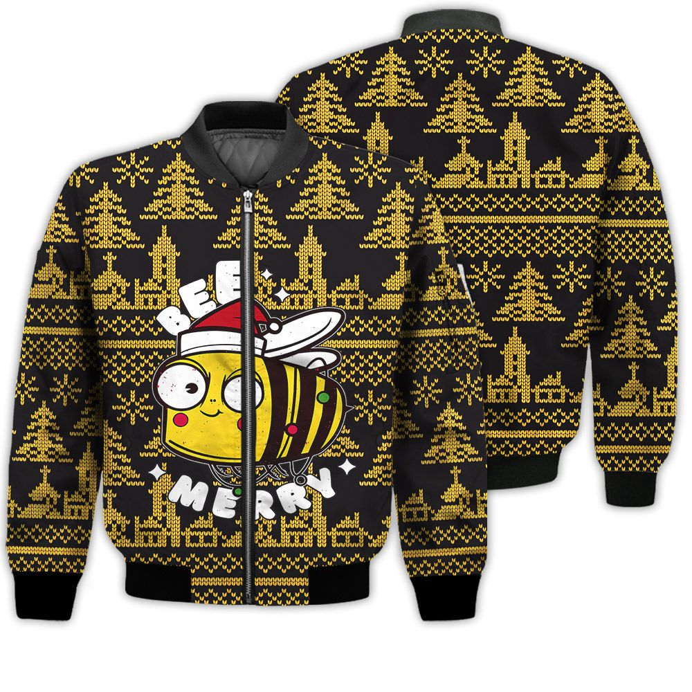 Merry Christmas Bee Merry Retro Christmas Holiday Gifts Unisex 3D Bomber Jacket Merry Christmas Bee Merry Retro Christmas Holiday Gifts Unisex 3D Bomber Jacket