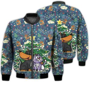 Merry Christmas Cat And Dog Under Christmas Tree Retro Christmas Holiday Gifts Unisex 3D Bomber Jacket