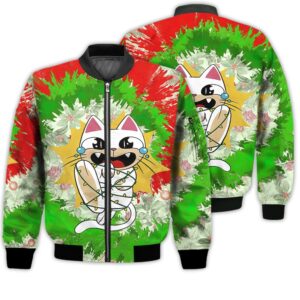 Merry Christmas Cat Tangled In Christmas Lights Retro Christmas Holiday Gifts Unisex 3D Bomber Jacket