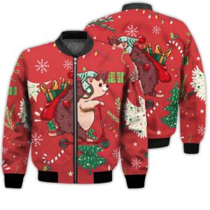 Merry Christmas Cute Hedgehog On A Scooter Retro Christmas Holiday Gifts Unisex 3D Bomber Jacket