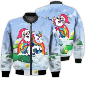 Merry Christmas Cute Santa Unicorn Retro Christmas Holiday Gifts Unisex 3D Bomber Jacket