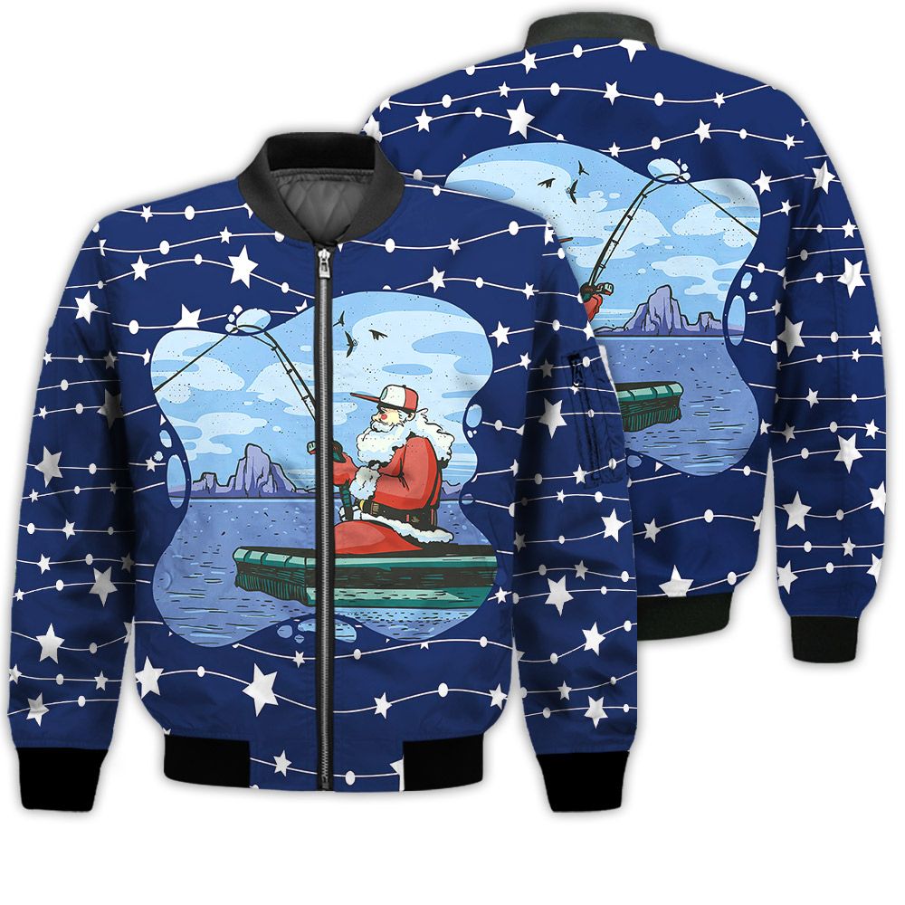 Merry Christmas Santa Claus Fishing On Lake Retro Christmas Holiday Gifts Unisex 3D Bomber Jacket Merry Christmas Santa Claus Fishing On Lake Retro Christmas Holiday Gifts Unisex 3D Bomber Jacket