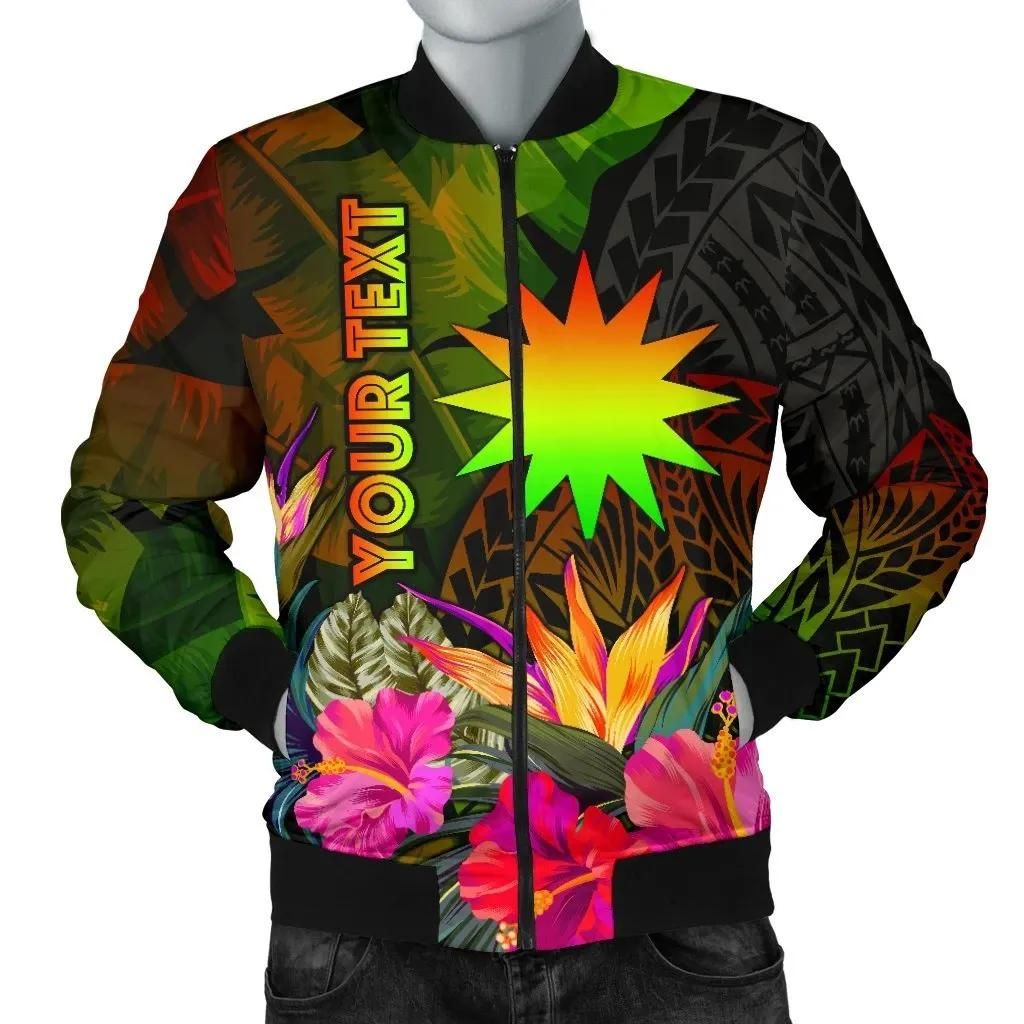 Nauru Polynesian Personalised Men's Bomber Jacket - Hibiscus and Banana Leaves - BN15 Bomber Jacket Nauru Polynesian Personalised Men's Bomber Jacket - Hibiscus and Banana Leaves - BN15 Bomber Jacket