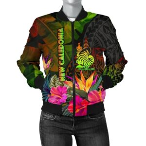 New Caledonia Polynesian Women's Bomber Jacket- Hibiscus and Banana Leaves - BN15 Bomber Jacket