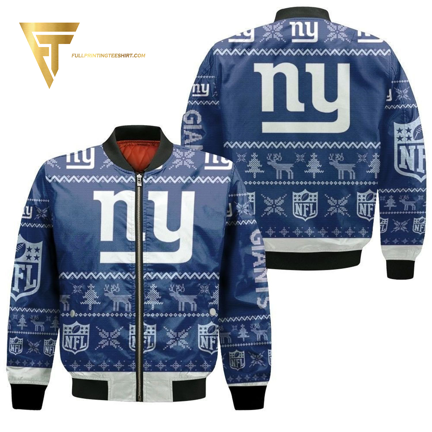 New York Giants Ugly Christmas Full Printing Bomber Jacket New York Giants Ugly Christmas Full Printing Bomber Jacket