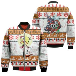 Nightmare before Christmas Happy Family Jack Skellington Sally Pumpkin King White 3D Designed Allover Gift For Halloween Lovers Christmas Lovers Bomber Jacket