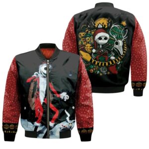Nightmare before Christmas Jack Skellington In Costume Santa Claus Black Red 3D Designed Allover Gift For Halloween Lovers Christmas Lovers Bomber Jacket