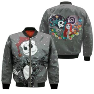 Nightmare before Christmas The Pumpkin King Jack Skellington And Sally Grey 3D Designed Allover Gift For Halloween Lovers Christmas Lovers Bomber Jacket