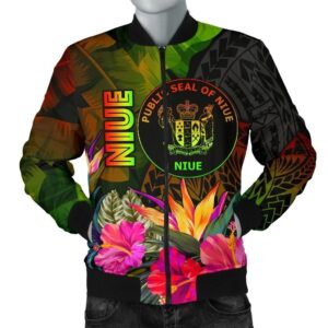 Niue Polynesian Men's Bomber Jacket - Hibiscus and Banana Leaves - BN15 Bomber Jacket
