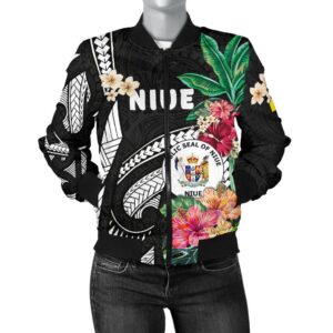 Niue Women's Bomber Jacket Coat Of Arms Polynesian With Hibiscus TH5 Bomber Jacket
