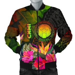 Northern Mariana Islands Polynesian Men's Bomber Jacket - Hibiscus and Banana Leaves - BN15 Bomber Jacket