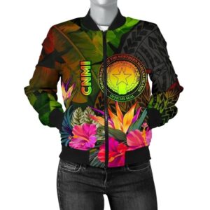 Northern Mariana Islands Polynesian Women's Bomber Jacket- Hibiscus and Banana Leaves - BN15 Bomber Jacket