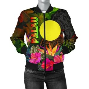 Palau Polynesian Women's Bomber Jacket -  Hibiscus and Banana Leaves - BN15 Bomber Jacket