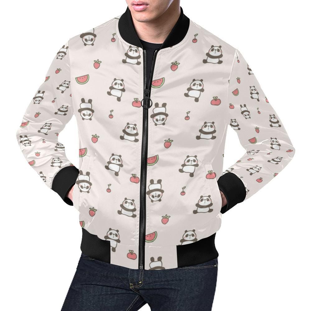 Panda Fruit Pattern Print Mens Bomber Jacket Panda Fruit Pattern Print Mens Bomber Jacket