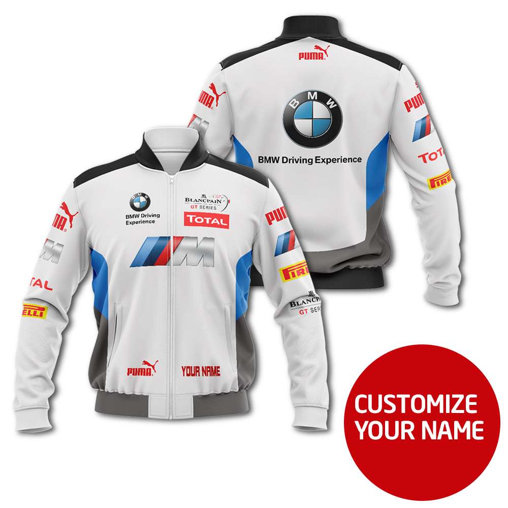Personalized Bmw Driving Experience Total White Custom Bomber Jacket Personalized Bmw Driving Experience Total White Custom Bomber Jacket