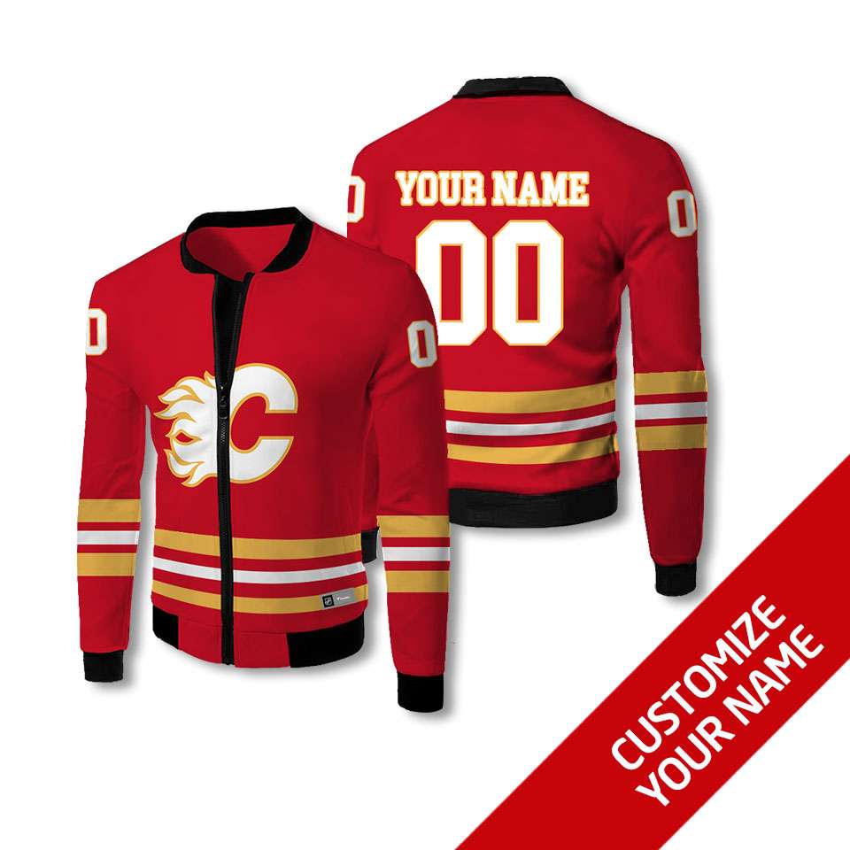 Personalized Calgary Flames Nhl Red Yellow Custom Bomber Jacket Personalized Calgary Flames Nhl Red Yellow Custom Bomber Jacket