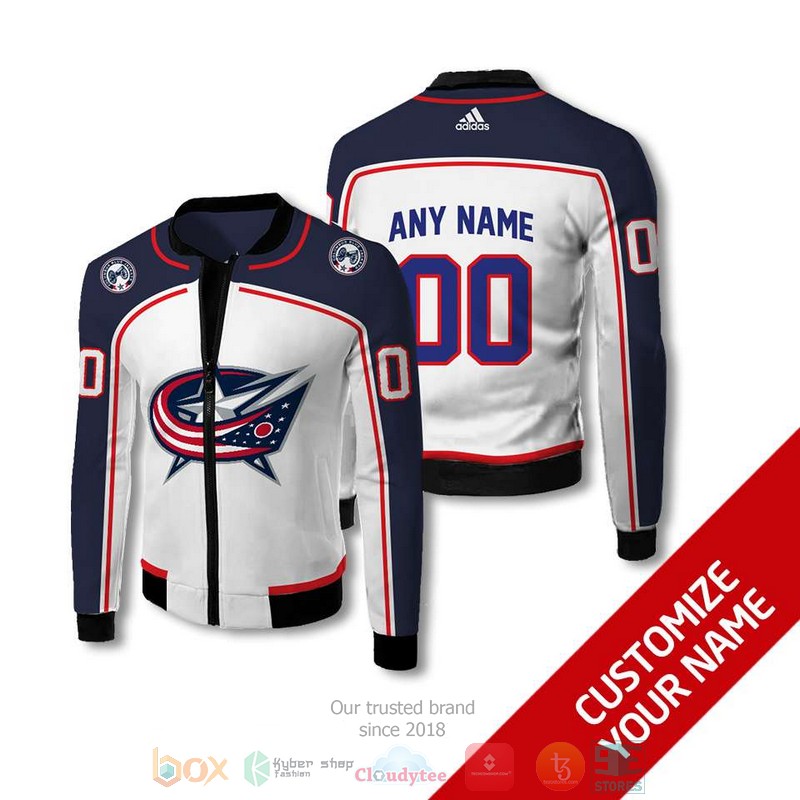 Personalized Columbus Blue Jackets Nhl White Blue Custom Bomber Jacket Personalized Columbus Blue Jackets Nhl White Blue Custom Bomber Jacket