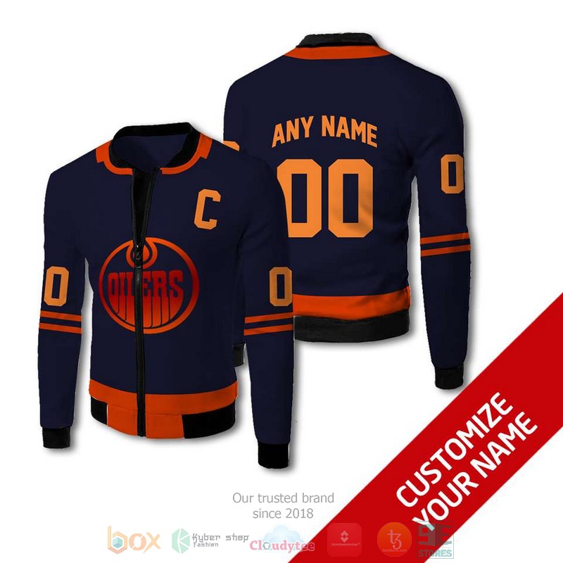 Personalized Edmonton Oilers Nhl Dark Blue Orange Custom Bomber Jacket Personalized Edmonton Oilers Nhl Dark Blue Orange Custom Bomber Jacket