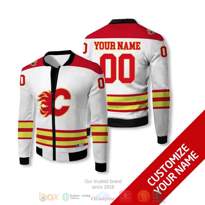 Personalized Nhl Calgary Flames White Red Custom Bomber Jacket Personalized Nhl Calgary Flames White Red Custom Bomber Jacket