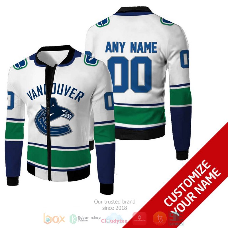 Personalized Nhl Vancouver Canucks White Green Blue Custom Bomber Jacket Personalized Nhl Vancouver Canucks White Green Blue Custom Bomber Jacket