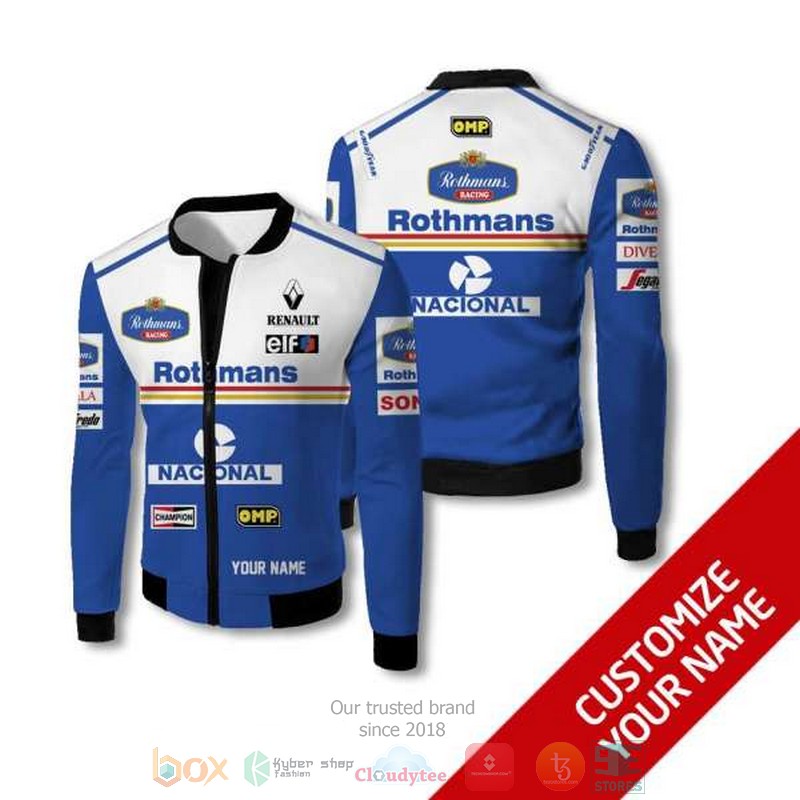 Personalized Rothman Racing Nacional Blue White Custom Bomber Jacket Personalized Rothman Racing Nacional Blue White Custom Bomber Jacket
