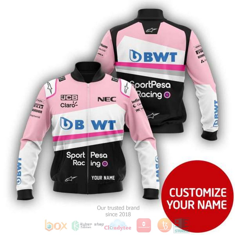 Personalized Sportpesa Racing Point Pink Black Custom Bomber Jacket Personalized Sportpesa Racing Point Pink Black Custom Bomber Jacket