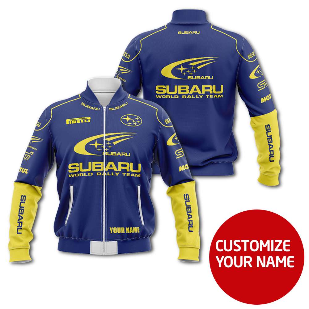 Personalized Subaru World Rally Team Blue Yellow Custom Bomber Jacket Personalized Subaru World Rally Team Blue Yellow Custom Bomber Jacket