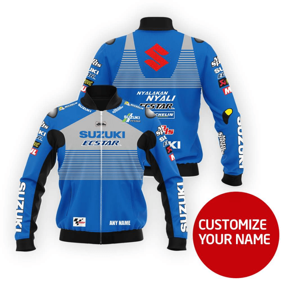 Personalized Suzuki Ecstar Blue Custom Bomber Jacket Personalized Suzuki Ecstar Blue Custom Bomber Jacket