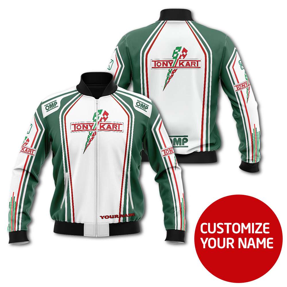 Personalized Tony Kart Racing Team White Dark Green Custom Bomber Jacket Personalized Tony Kart Racing Team White Dark Green Custom Bomber Jacket