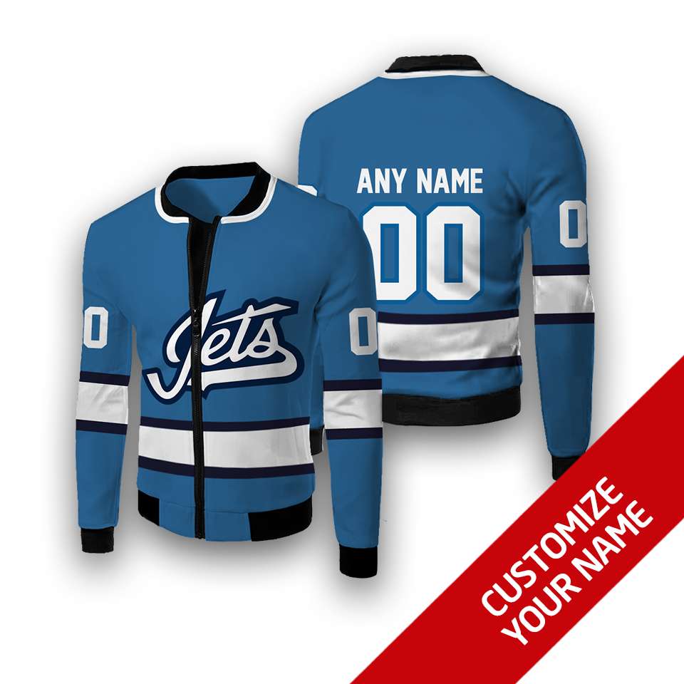 Personalized Winnipeg Jets Nhl Light Blue White Custom Bomber Jacket Personalized Winnipeg Jets Nhl Light Blue White Custom Bomber Jacket