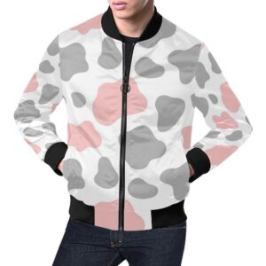 Pink Gray Cow Pattern Print Mens Bomber Jacket