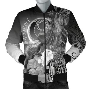 Pohnpei Men's Bomber Jacket - Humpback Whale with Tropical Flowers (White)- BN18 Bomber Jacket