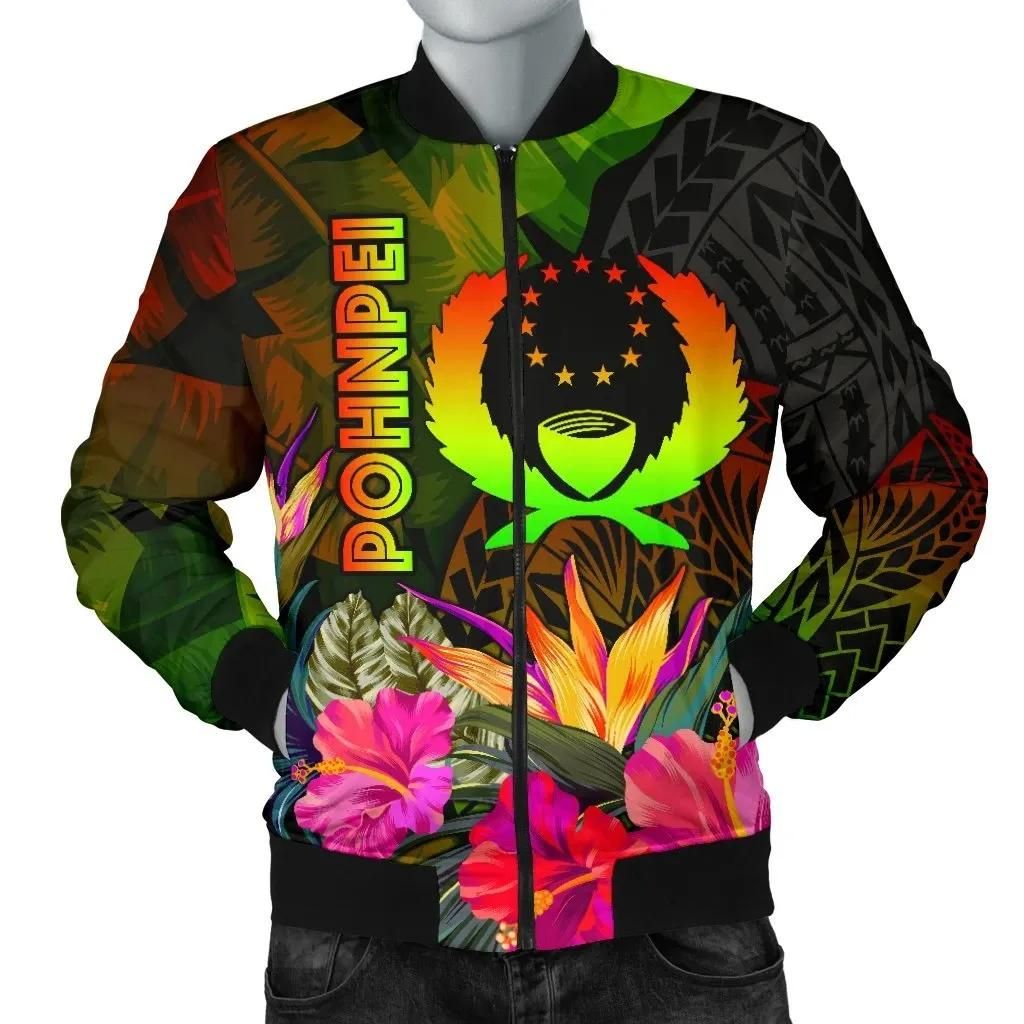 Pohnpei Polynesian Men's Bomber Jacket - Hibiscus and Banana Leaves - BN15 Bomber Jacket Pohnpei Polynesian Men's Bomber Jacket - Hibiscus and Banana Leaves - BN15 Bomber Jacket