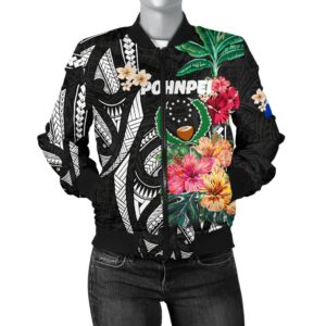 Pohnpei Women's Bomber Jacket Coat Of Arms Polynesian With Hibiscus TH5 Bomber Jacket