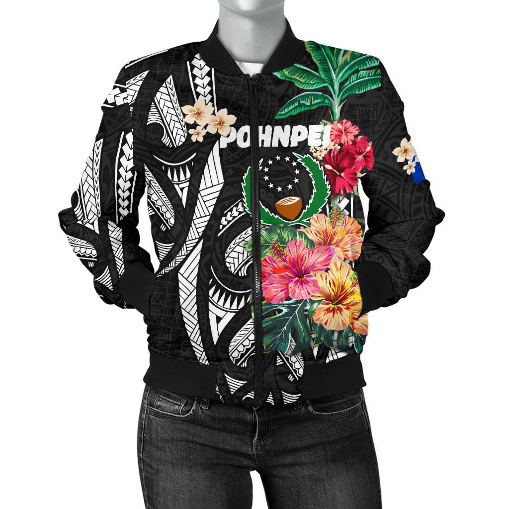 Pohnpei Women's Bomber Jacket Coat Of Arms Polynesian With Hibiscus TH5 Bomber Jacket Pohnpei Women's Bomber Jacket Coat Of Arms Polynesian With Hibiscus TH5 Bomber Jacket