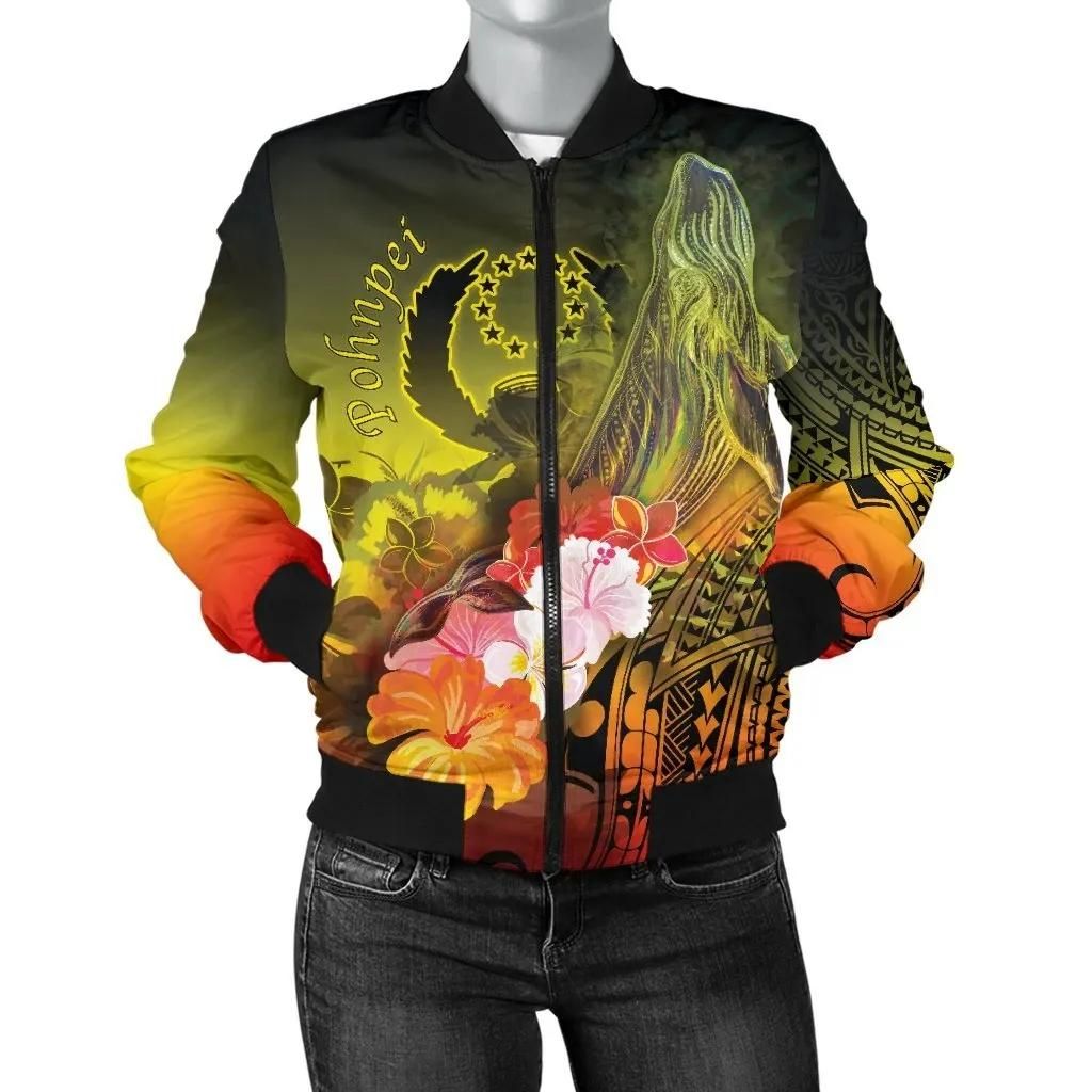 Pohnpei Women's Bomber Jacket - Humpback Whale with Tropical Flowers (Yellow)- BN18 Bomber Jacket Pohnpei Women's Bomber Jacket - Humpback Whale with Tropical Flowers (Yellow)- BN18 Bomber Jacket