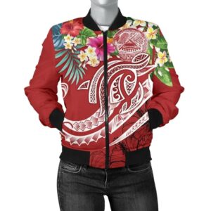 Polynesian American Samoa Women's Bomber Jacket - Summer Plumeria (Red) - BN15 Bomber Jacket