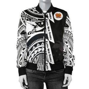 Polynesian Guinea Women's Bomber Jacket - Moana Maui Tattoo With Coat Of Arm Guinea White - BN17 Bomber Jacket