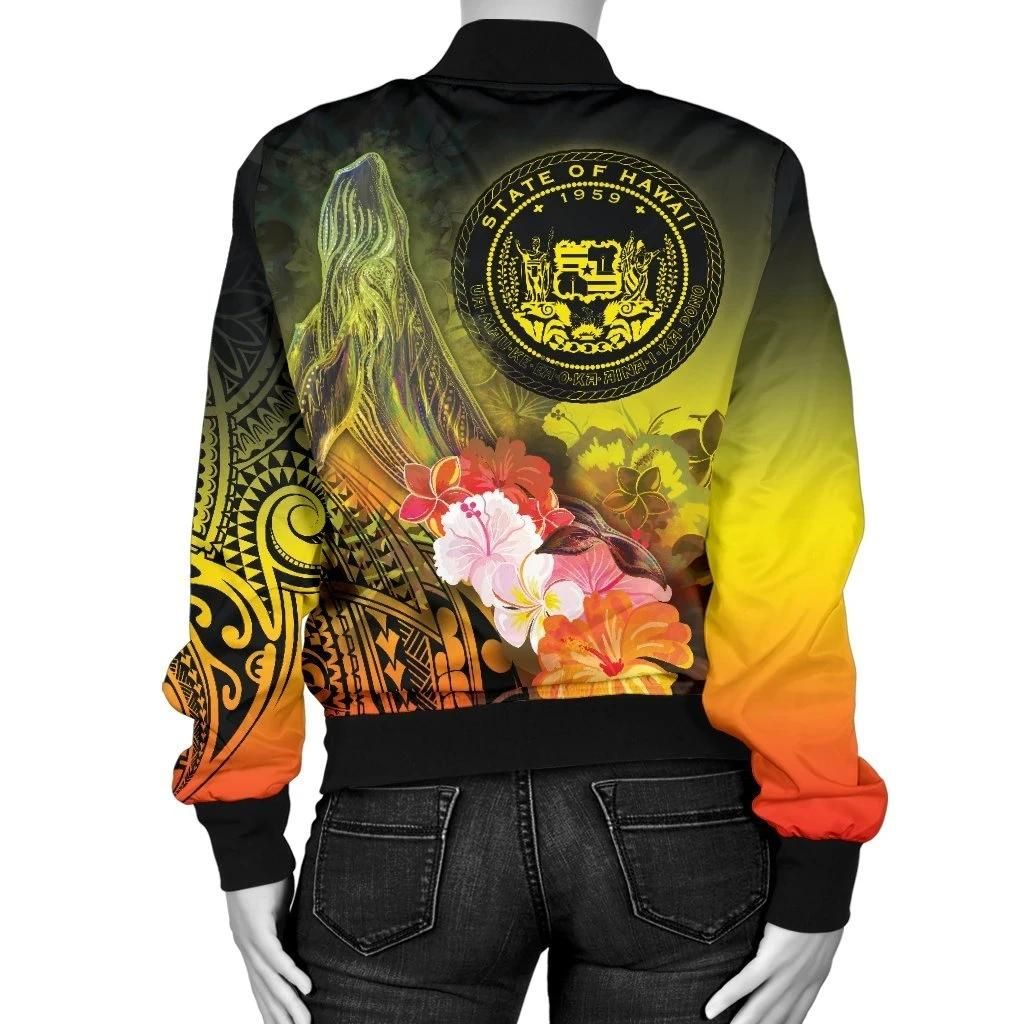 Polynesian-Hawaii-Custom-Personalised-Womens-Bomber-Jacket-Humpback-Whale-with-Tropical-Flowers-Yellow-BN18-Bomber-Jacket-1