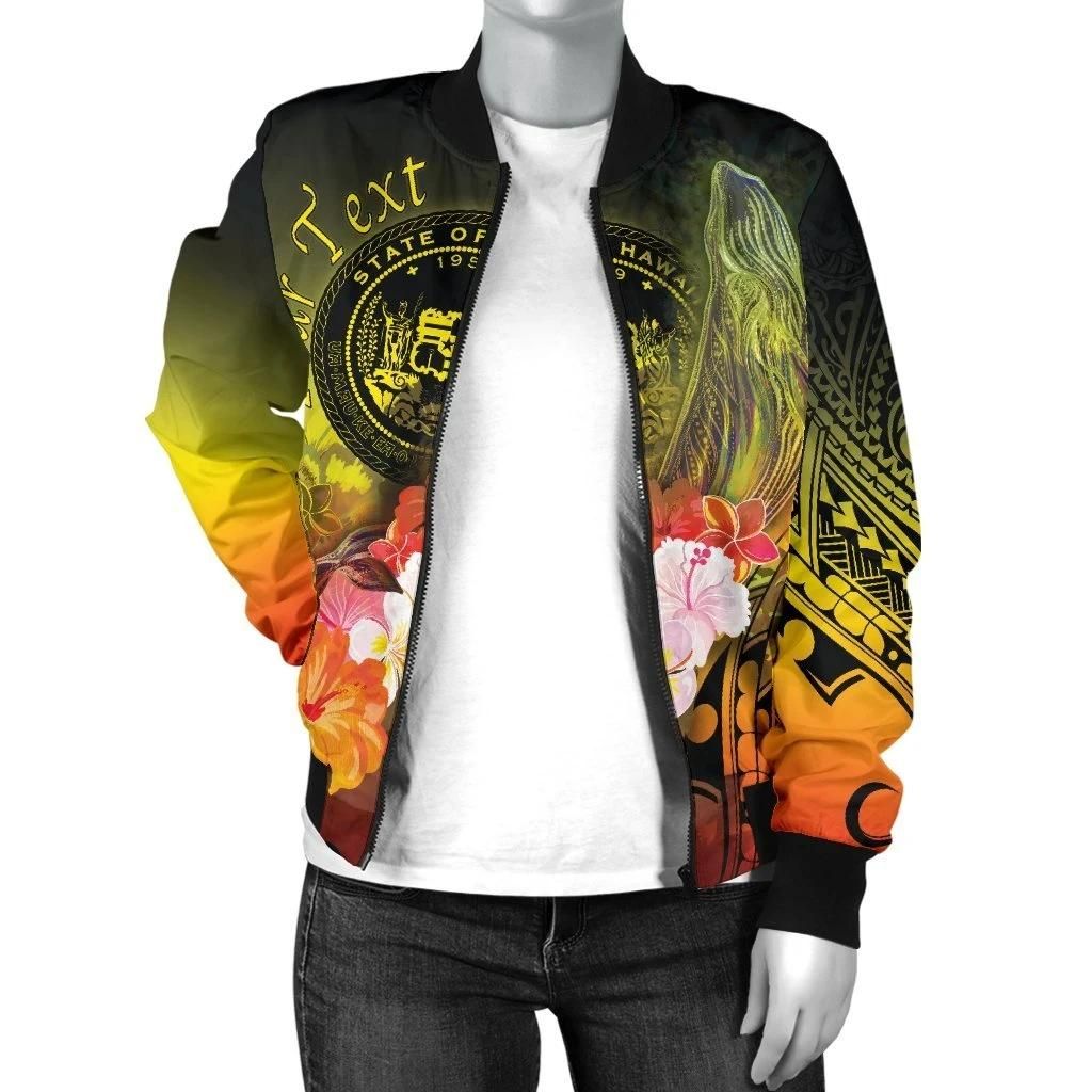 Polynesian-Hawaii-Custom-Personalised-Womens-Bomber-Jacket-Humpback-Whale-with-Tropical-Flowers-Yellow-BN18-Bomber-Jacket-2