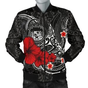 Polynesian Hawaii Men's Bomber Jacket - Humpback Whale with Hibiscus (White) - BN15 Bomber Jacket