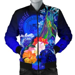 Polynesian Hawaii Men's Bomber Jacket - Humpback Whale with Tropical Flowers (Blue)- BN18 Bomber Jacket