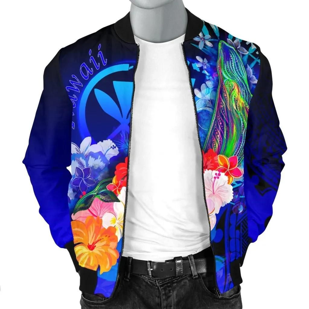 Polynesian-Hawaii-Mens-Bomber-Jacket-Kanaka-Maoli-Humpback-Whale-with-Tropical-Flowers-Blue-BN18-Bomber-Jacket-2